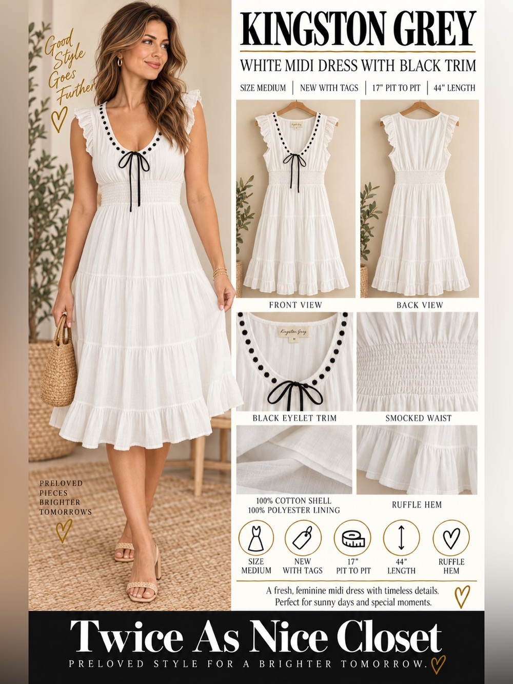 Kingston Grey White Midi Dress with Black Trim NEW M
